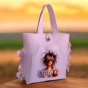 Chic Cream Tote Bag with Fringe and Graphic